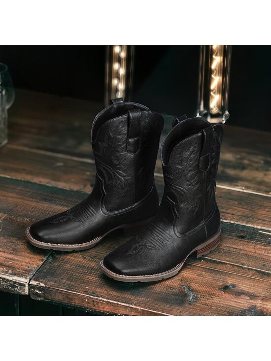Men\'s Black Faux Leather Slip on Square Toe with Classic Embroidered Cowboy Boot